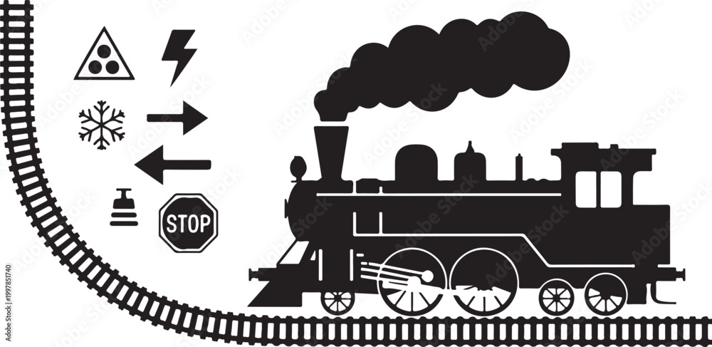 Naklejka premium Graphic illustration of steam train on railroad tracks with set of various transport warning symbols isolated on transparency.