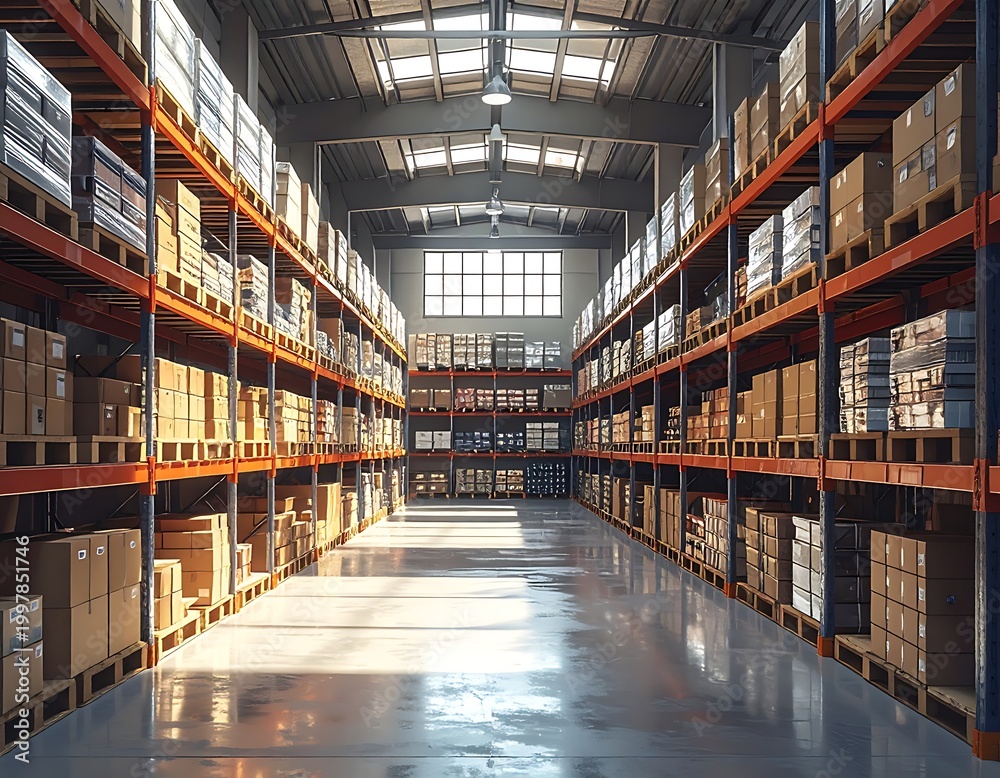 Fototapeta premium A spacious warehouse with rows of shelving units stocked with boxes