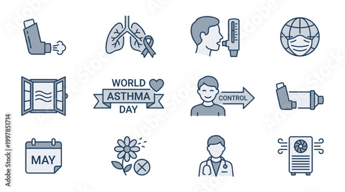 World Asthma Day vector line icon set featuring inhaler, lungs, doctor, air purifier, calendar, and allergy prevention symbols for respiratory health control campaign.