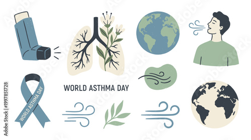 World Asthma Day vector icon set with hand drawn inhaler, healthy lungs with plants, breathing man, globe, and ribbon for global respiratory health awareness.