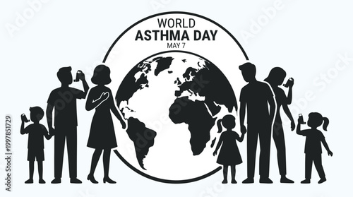 World Asthma Day vector silhouette illustration showing families and children using inhalers around a globe to raise global awareness for respiratory disease and health.