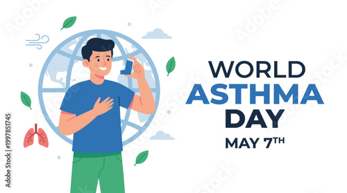 World Asthma Day vector concept with smiling man using inhaler, globe background, floating lungs and green leaves for May seventh respiratory health awareness campaign.