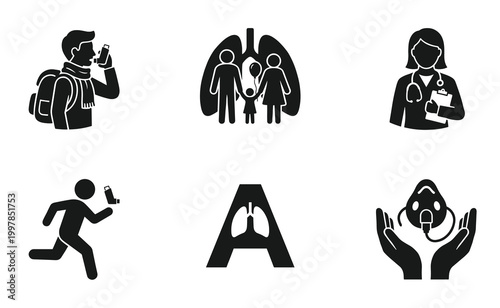 World Asthma Day vector icon set featuring patient using inhaler, doctor, healthy lungs, respiratory therapy, and sports awareness symbols for medical healthcare design.
