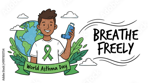 World Asthma Day vector illustration featuring a happy boy holding an inhaler with green ribbon, globe, leaves, and breathe freely text to promote respiratory health awareness.