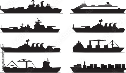 Silhouette collection of naval warships and commercial freight vessels including cruisers destroyers tankers and container ships.