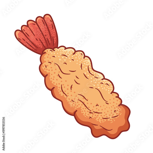 hand-drawn illustration of a golden Japanese fried shrimp tempura with a textured crispy batter