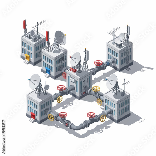 Communication network of buildings with antennas and satellite dishes.