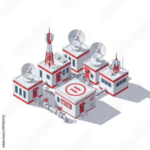 Communication Tower and Satellite Dish Array on Buildings.
