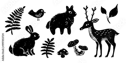 Black silhouettes of woodland animals and plants hand drawn style