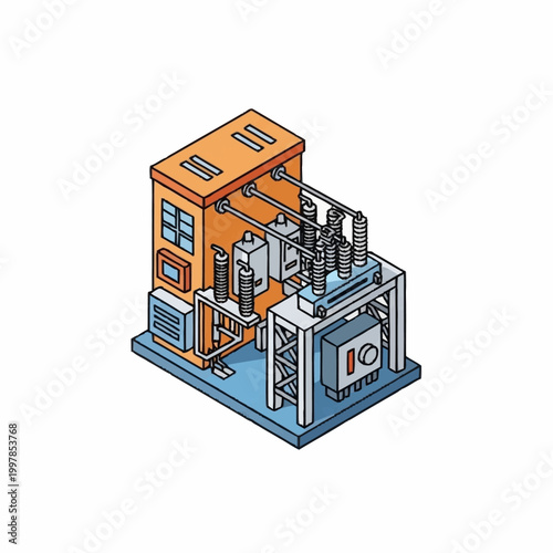 Electrical substation building with transformer and equipment.