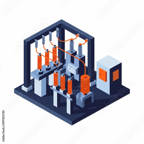 Electrical substation equipment isometric view industrial power grid.