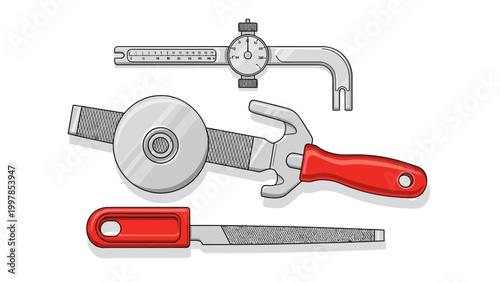 Set of various hand tools and measuring instruments illustration.