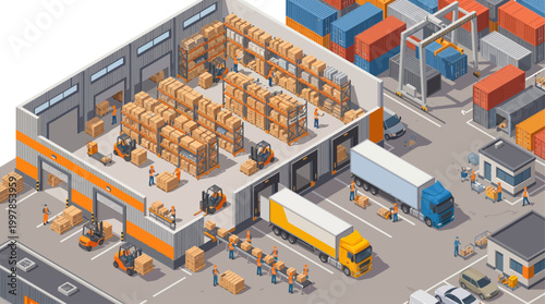 Workers unload boxes from trucks at a warehouse loading dock area with containers and industrial buildings.