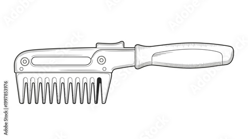 Line art illustration of a berry picker tool for harvesting fruits.