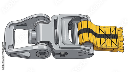Illustration of a quick release safety buckle with a yellow strap.