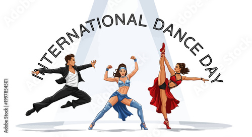 A vibrant vector illustration celebrates International Dance Day, showcasing three diverse dancers in dynamic poses against a clean white background, embodying artistic dance movement