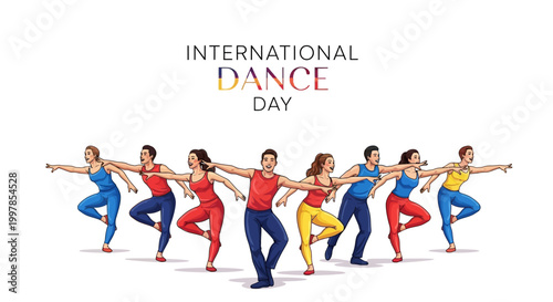 Against a clean white background, a vector illustration commemorates International Dance Day, showcasing a diverse group of dancers in colorful attire striking a unified pose with artistic