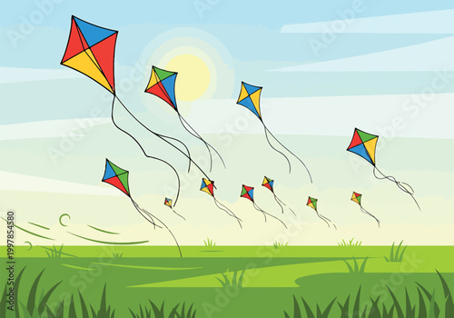 Obraz na płótnie Colorful kites flying in a clear blue sky above a green field