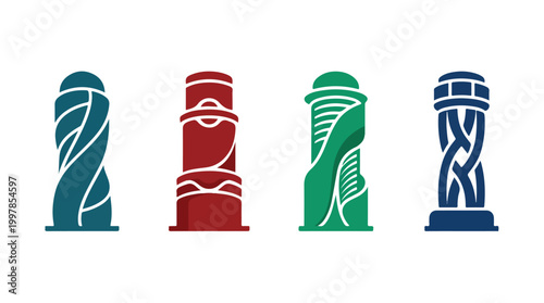 Four abstract totem sculptures in teal, red, green and blue with geometric patterns form a modern graphic art
