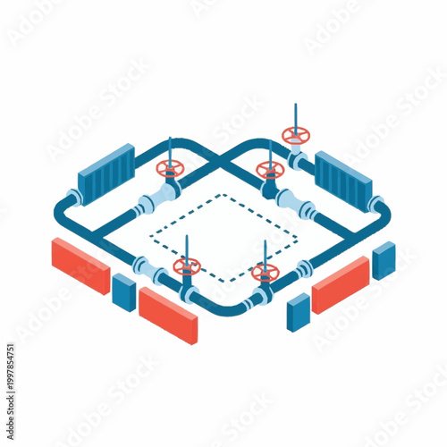 Industrial pipeline system with valves and tanks isometric view.