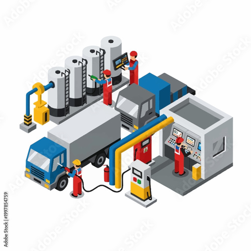 Industrial plant with truck and workers.