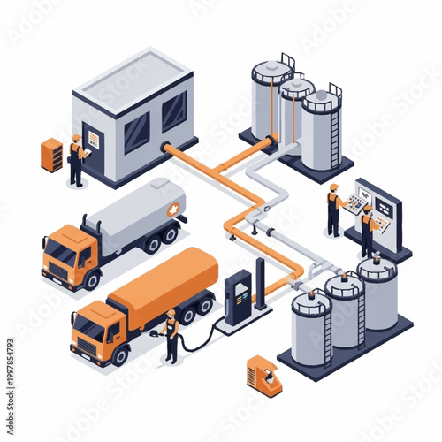 Industrial plant with trucks and storage tanks isometric illustration.