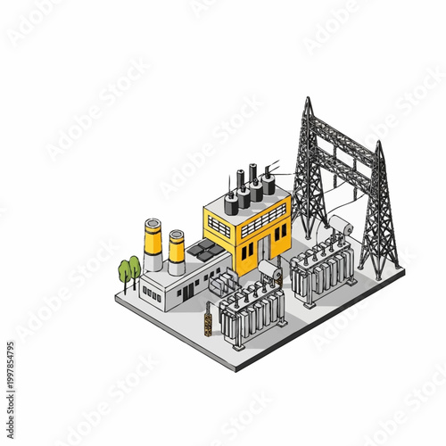 Industrial power generation plant with electrical transformers and transmission towers.
