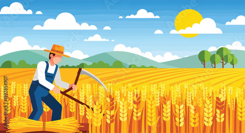 Bild auf Leinwand A farmer harvesting wheat under a sunny sky