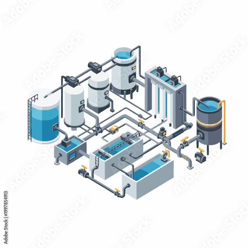 Industrial water purification system isometric illustration.