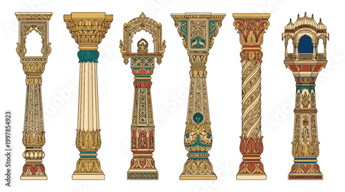 Set of seven ornate ceremonial scepters adorned with gold filigree and jewel accents in antique fantasy style