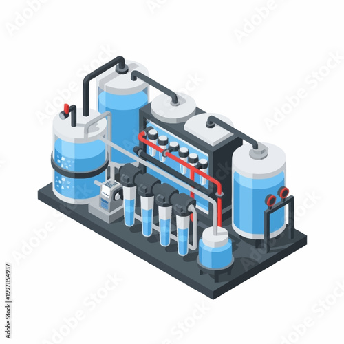 Industrial water purification system with tanks and filters.