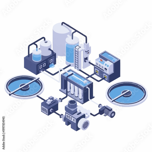 Industrial water treatment plant schematic diagram isometric view.