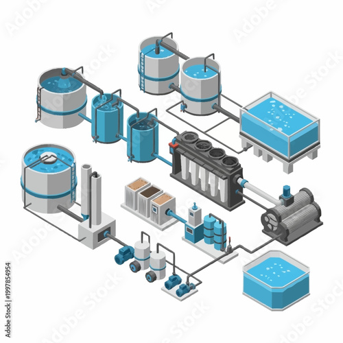 Industrial water treatment plant schematic diagram isometric view.