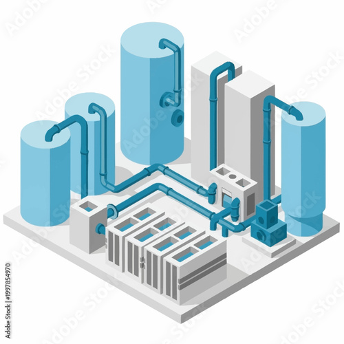 Industrial water treatment plant with tanks and pipes.
