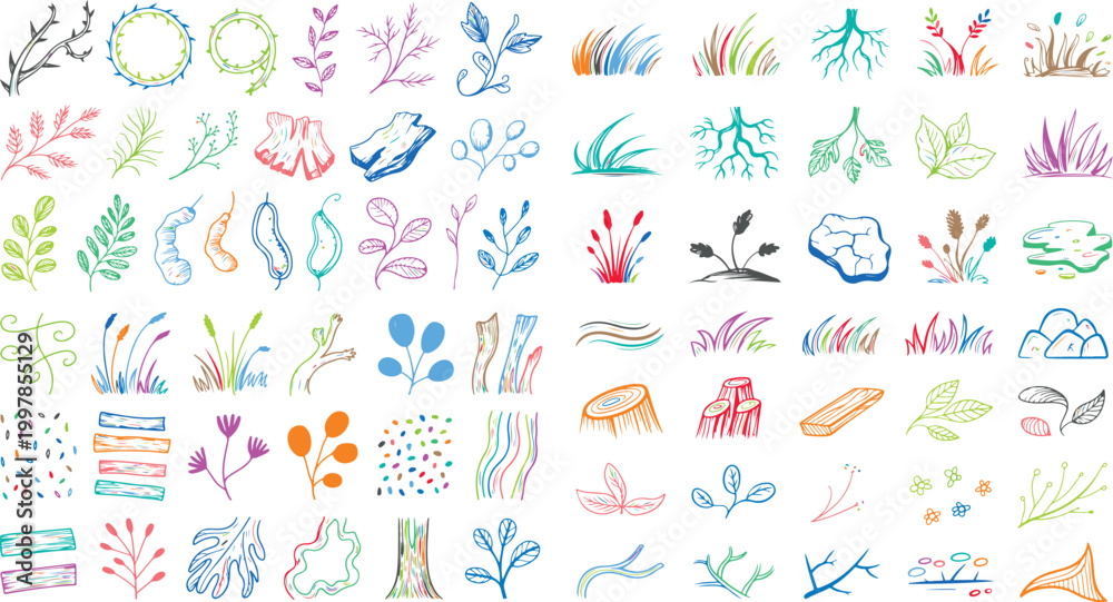 Obraz premium collection of colorful hand drawn plant illustrations on white background