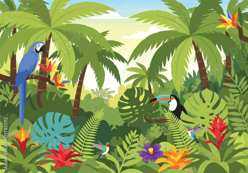 A vibrant tropical jungle scene with exotic birds