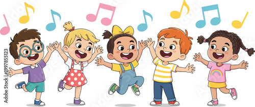 Kids dancing and jumping at party, group of happy cartoon children having fun and enjoying music together, lively celebration scene with boys and girls laughing, moving and dancing with musical notes,