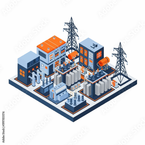 Modern electrical substation with power lines and transformers.