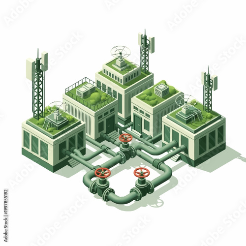 Modern Industrial Buildings with Green Roofs and Communication Towers.
