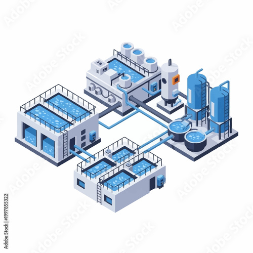 Modern industrial water treatment plant complex isometric illustration.