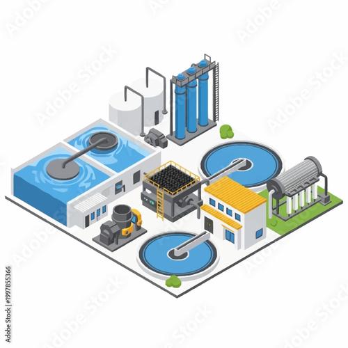 Modern Water Treatment Plant Facility Isometric Illustration.