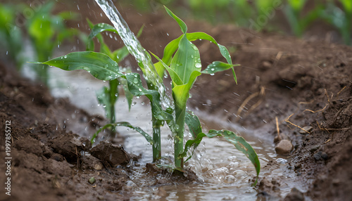 Watering Young Corn Close-up