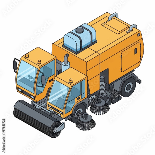 Yellow street sweeper truck with brushes and water tank.