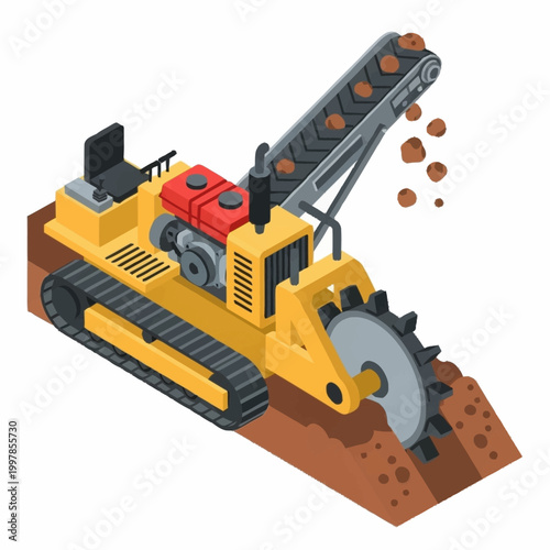 Yellow Trencher Machine Digging Trench in Soil with Conveyor Belt.