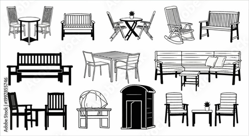 Collection of black and white outdoor furniture illustrations featuring wooden garden benches, patio dining sets, rocking chairs, and sectional sofas for exterior landscaping.