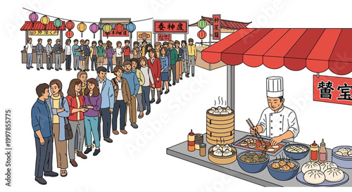 Asian street food market with people waiting in line to buy dumplings