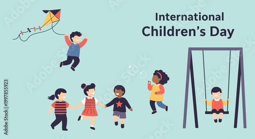 Happy International Children's Day with kids playing outdoors