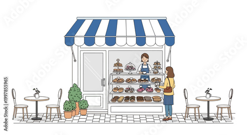 Woman buying sweet pastries from a bakery store with blue and white awning