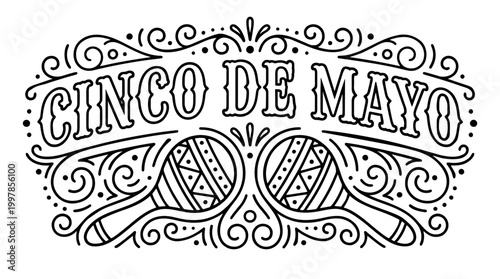 Black and white outline text effect of Cinco De Mayo with maracas and traditional ornaments