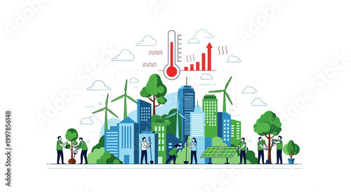 Illustration of people planting trees in a sustainable city to combat climate change